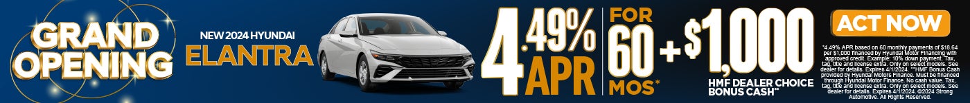 New 2024 Hyundai Elantra | 4.49% APR for 60 mos* + $1000 HMF Dealer Choice Bonus Cash | Act Now